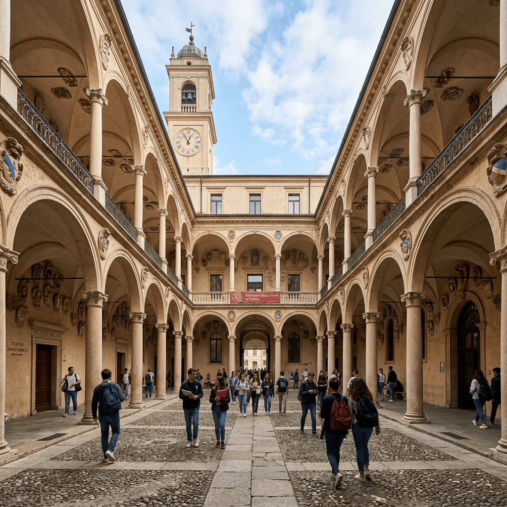 Students walking through a historic university courtyard with arched colonnades